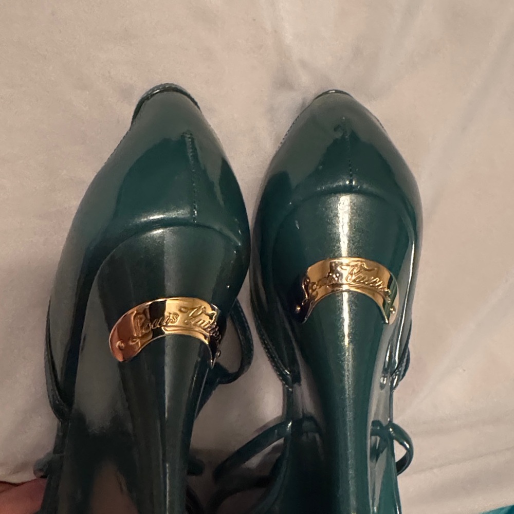 Louis Vuitton Teal Patent Leather Wedge Sandal with Logo Plaque - Picture 7 of 8